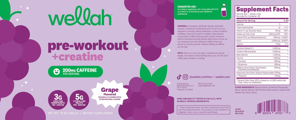 Wellah creatine monohydrate powder close-up for clear creatine content.