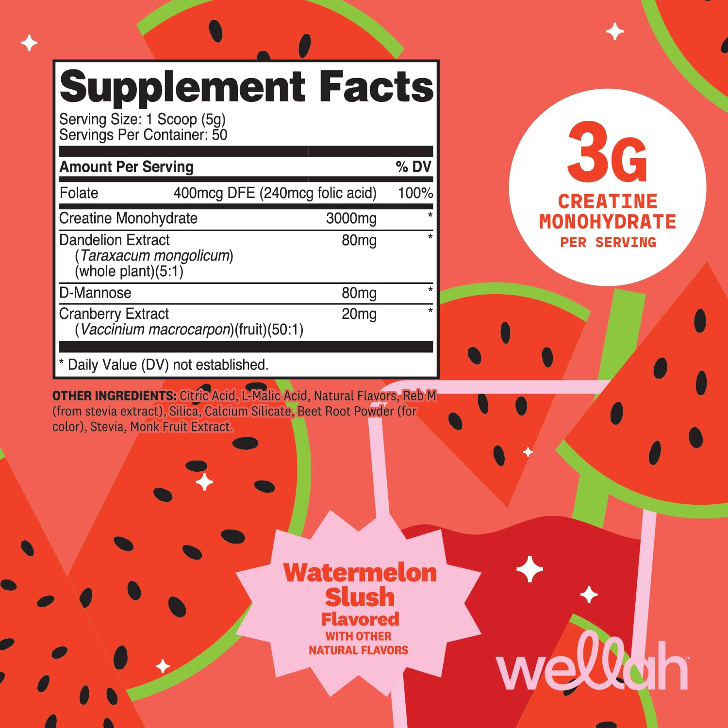 Wellah Creatine con medidora incluida, ideal para dosis diarias en agua.