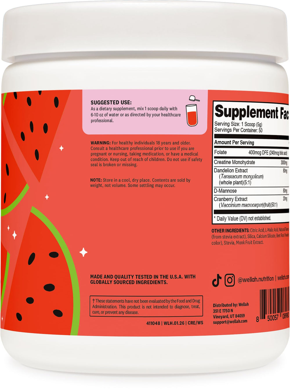 Wellah Creatine lista para mezclar en agua fría tras el entrenamiento.