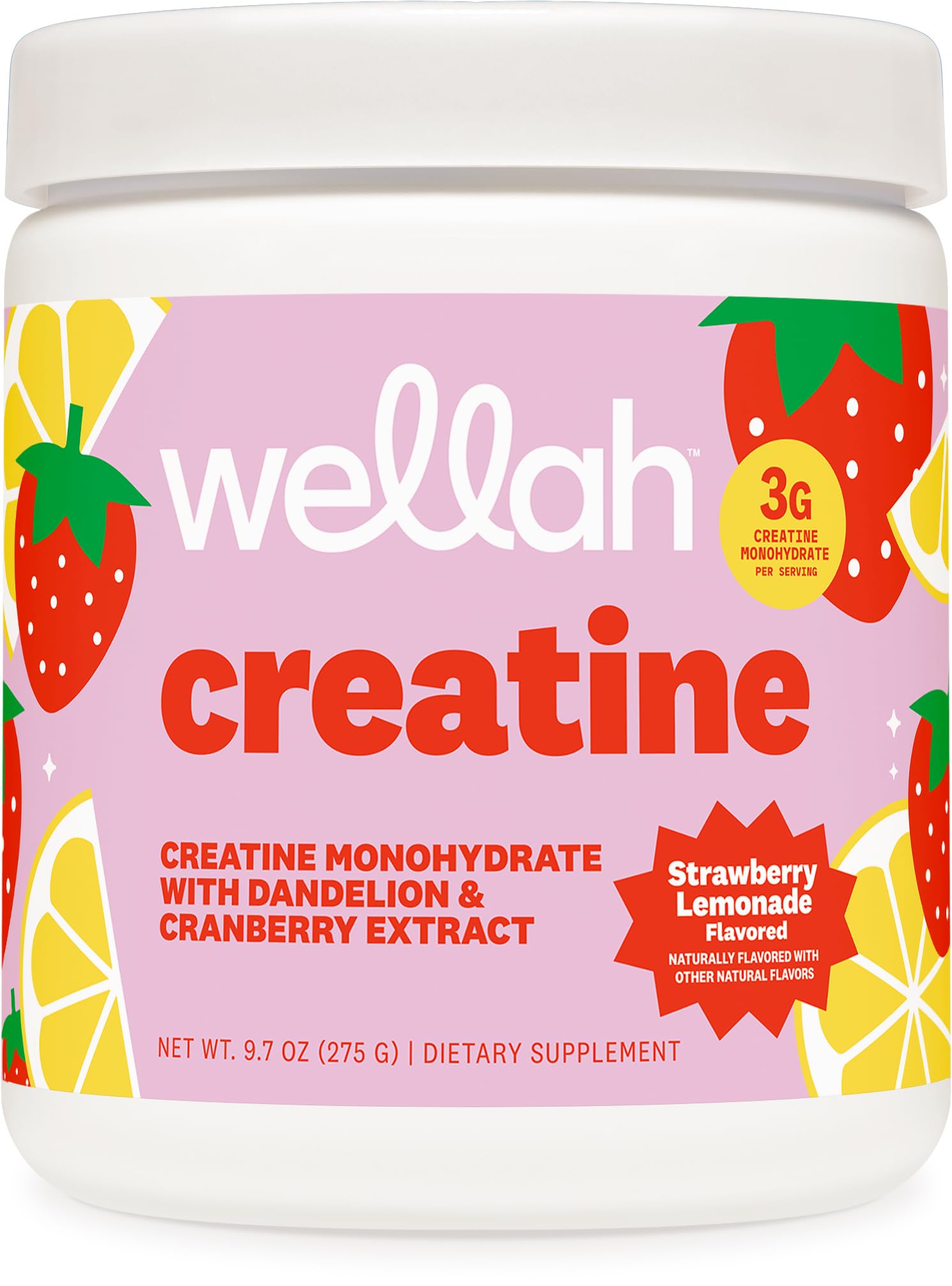 Wellah Creatine for Women Strawberry Lemonade bottle shown as refreshing workout fuel.