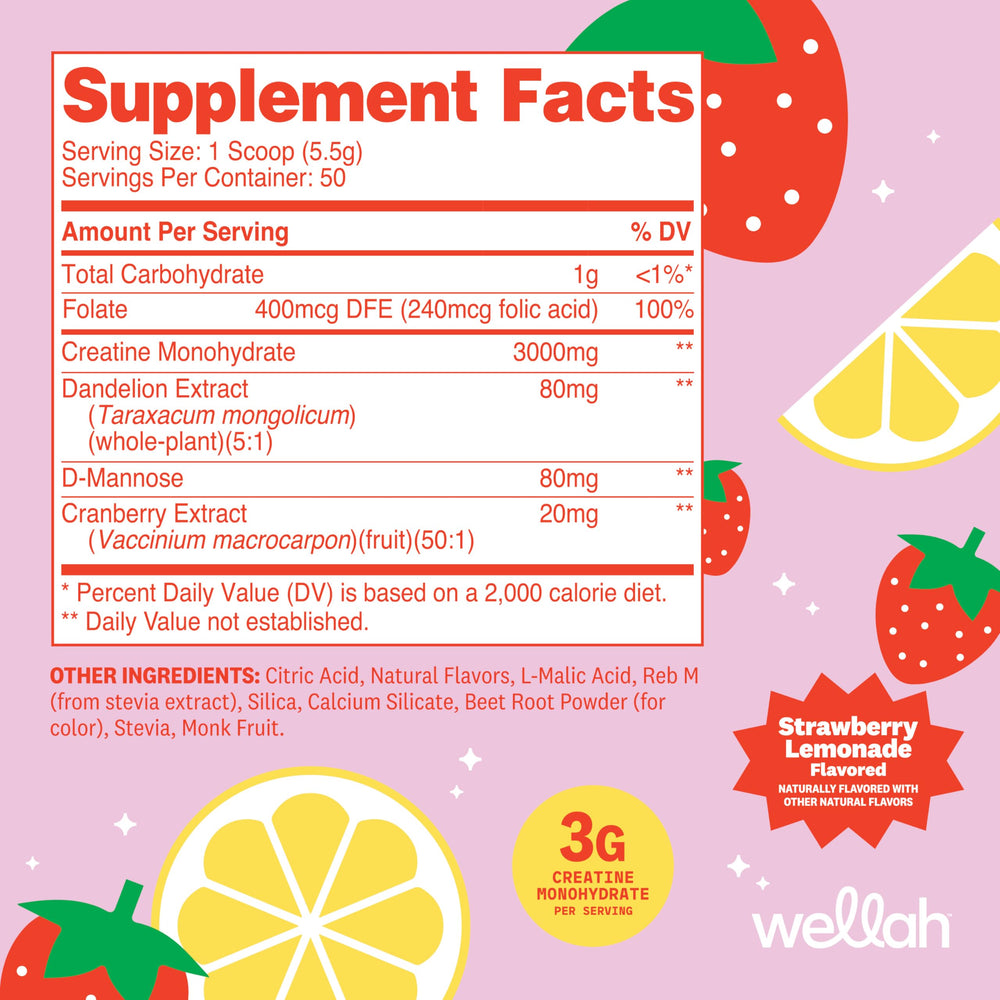 Wellah Creatine for Women Strawberry Lemonade scoop ready to mix for training sessions.