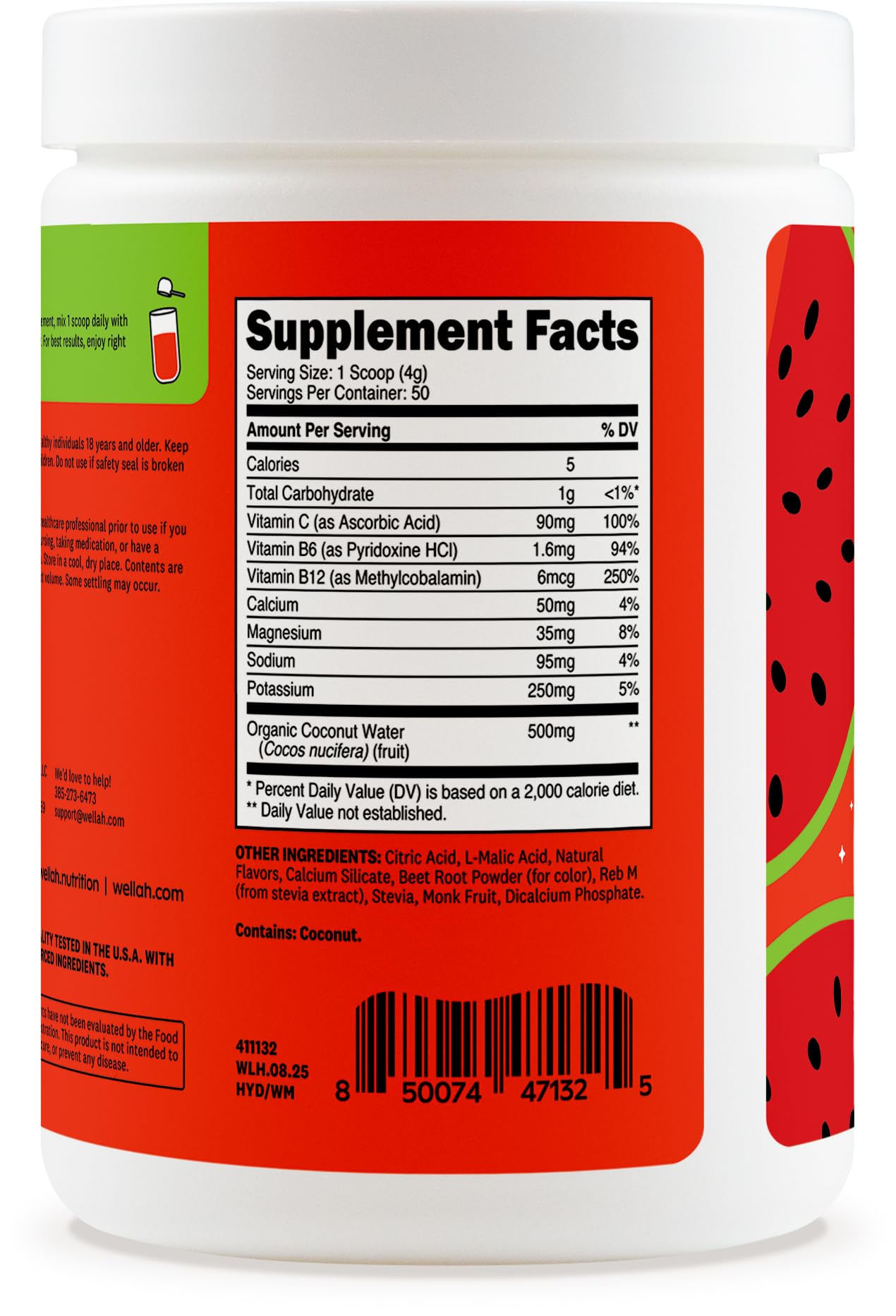 Wellah Electrolytes Watermelon bottle nutrition label displaying 7 vitamins.