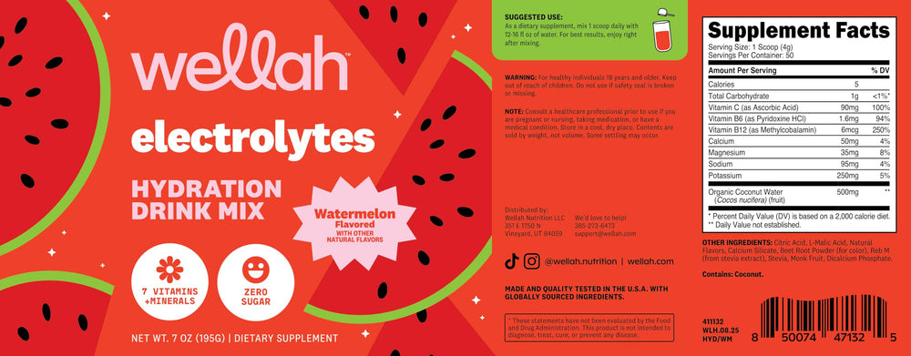 Wellah Electrolytes Watermelon refreshing serve after workouts or daily activity.