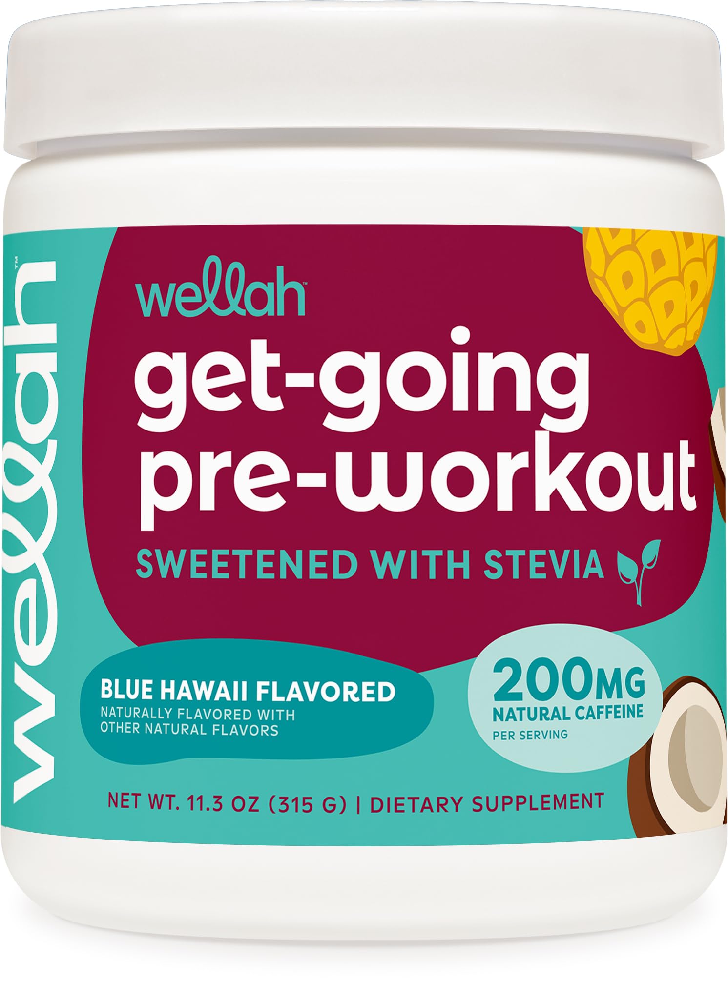 Wellah Get-Going Blue Hawaii bottle closeup showing natural caffeine boost for sustained energy