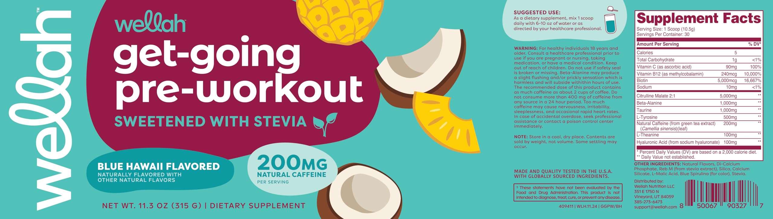 Wellah Get-Going Blue Hawaii ingredients label emphasizing Citrulline Malate, Beta-Alanine and more