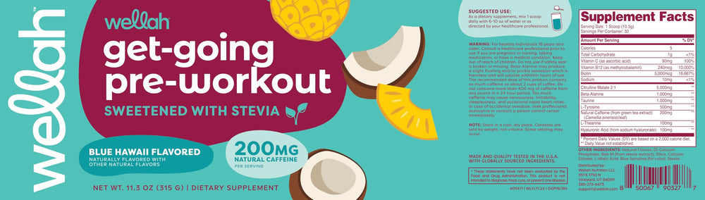 Wellah Get-Going Blue Hawaii ingredients label emphasizing Citrulline Malate, Beta-Alanine and more