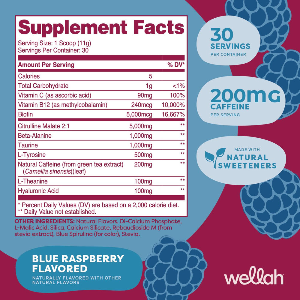 Wellah Get-Going blue raspberry powder being poured to mix energy boost