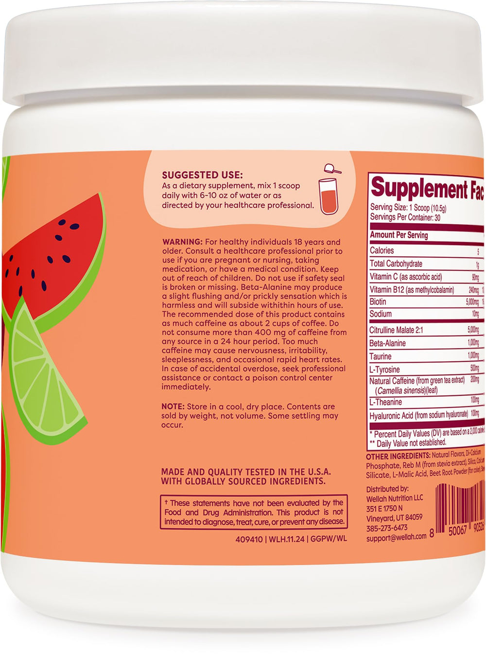 Wellah Get-Going label highlights citrulline malate and L-Theanine for clean energy