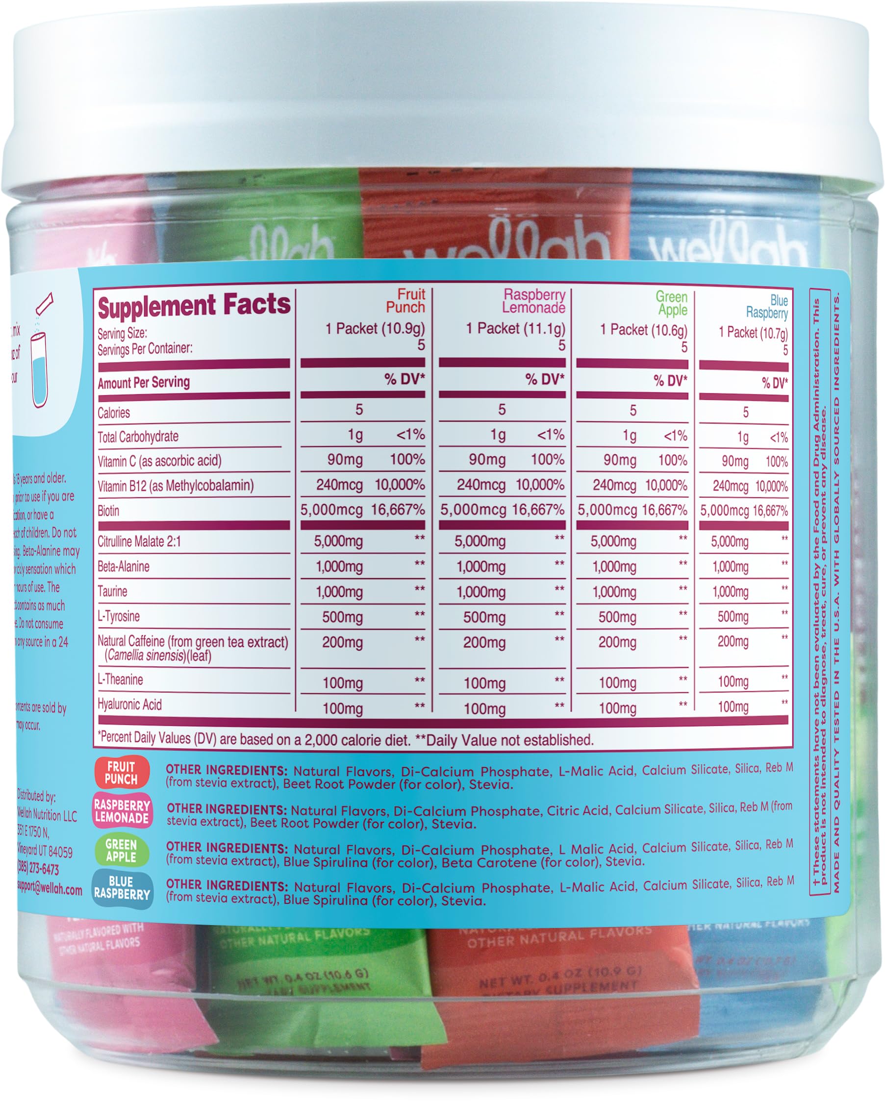 Wellah Get Going flavors image with Fruit Punch, Raspberry Lemonade, Green Apple, Blue Raspberry options for hydration
