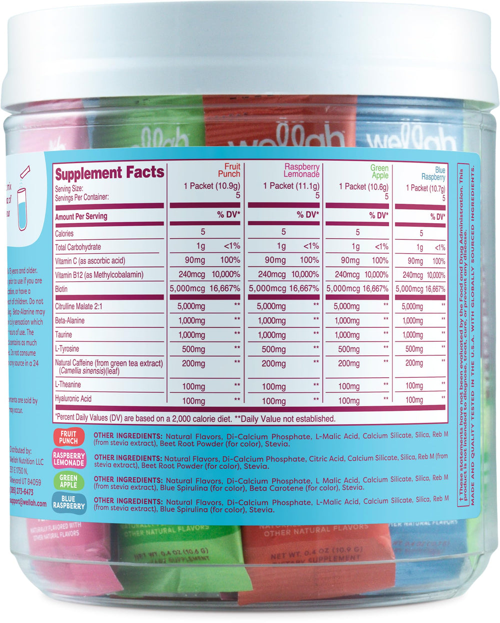 Wellah Get Going flavors image with Fruit Punch, Raspberry Lemonade, Green Apple, Blue Raspberry options for hydration