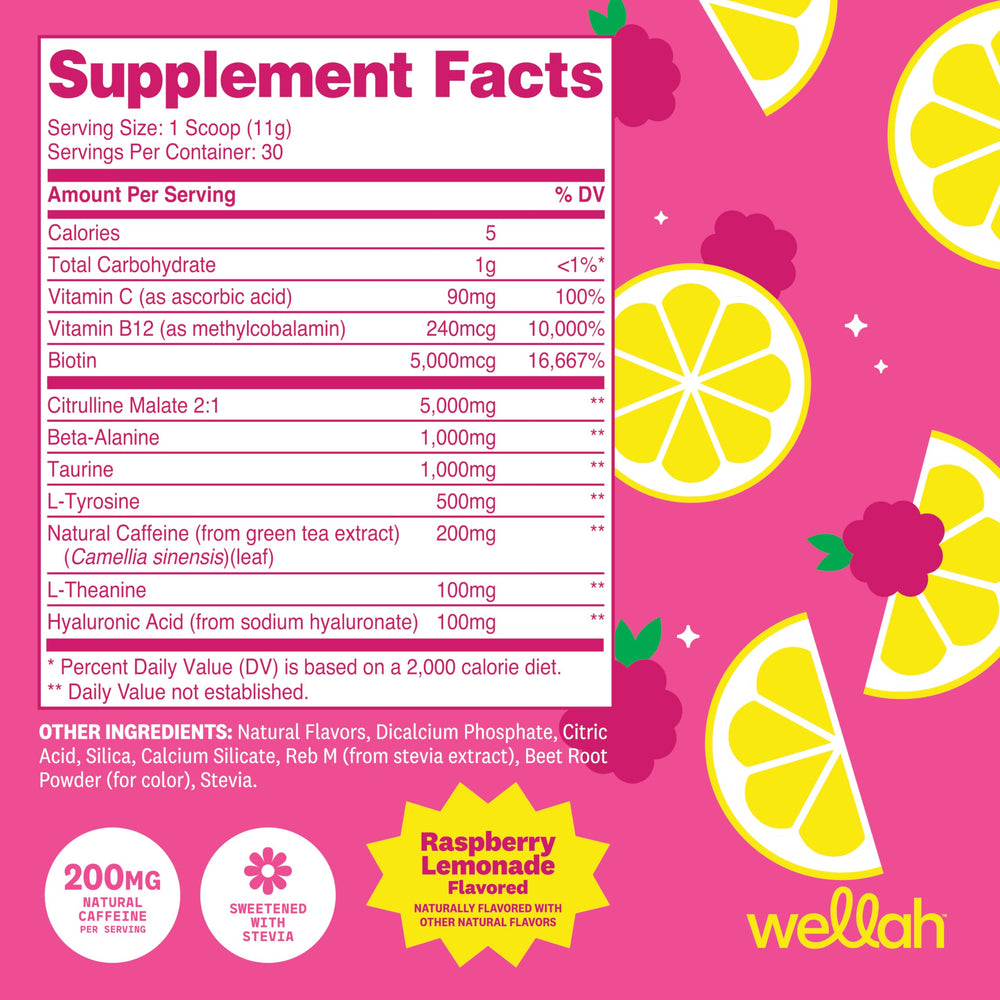 Wellah Get-Going pre-workout glass pouring to highlight Raspberry Lemonade flavor and mix