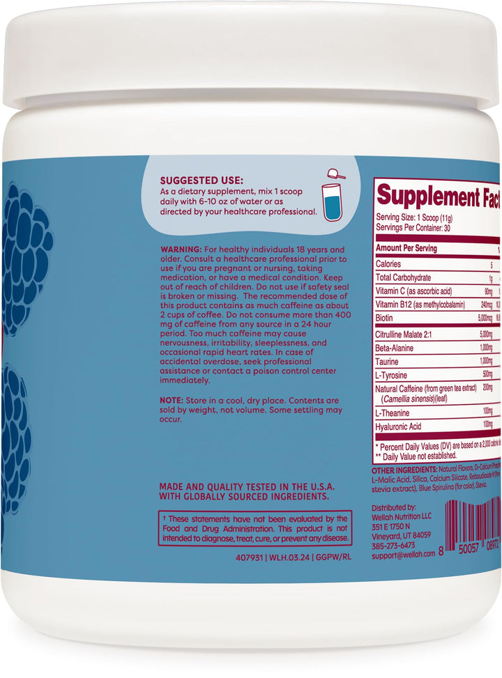 Wellah Get-Going pre-workout scoop beside a glass for quick use