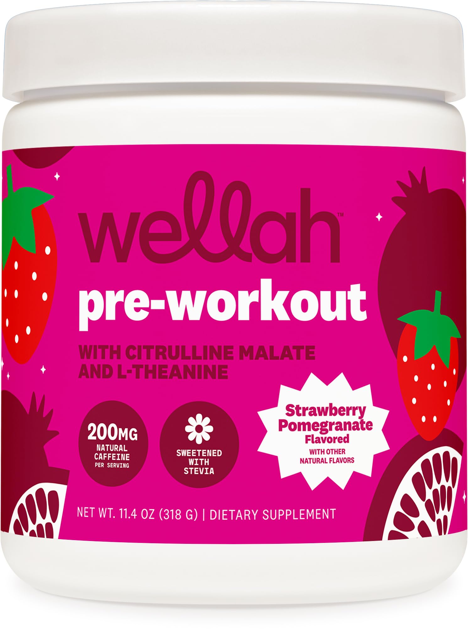 Wellah Get-Going pre-workout bottle showing strawberry pomegranate flavor for an energy boost.