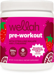 Wellah Get-Going pre-workout bottle showing strawberry pomegranate flavor for an energy boost.