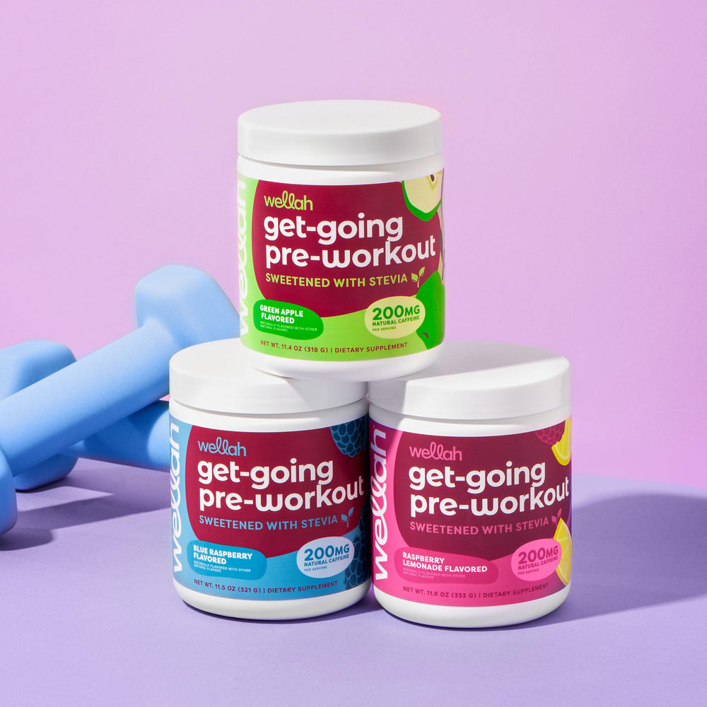 Wellah Get-Going blue raspberry serving ready to power your workout