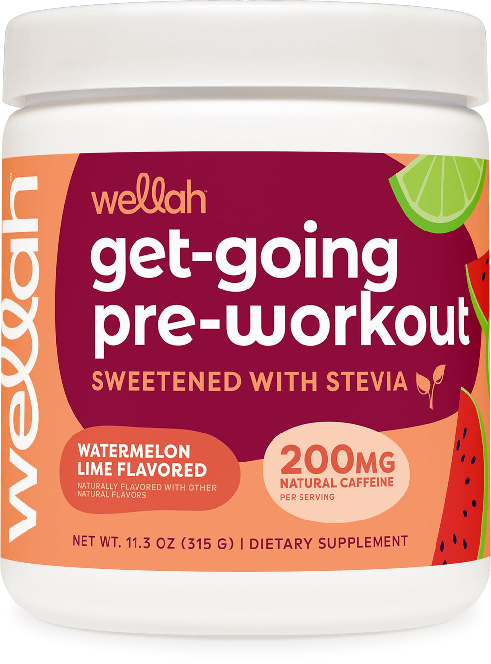 Wellah Get-Going Watermelon Lime bottle close-up showing natural caffeine boost for workouts