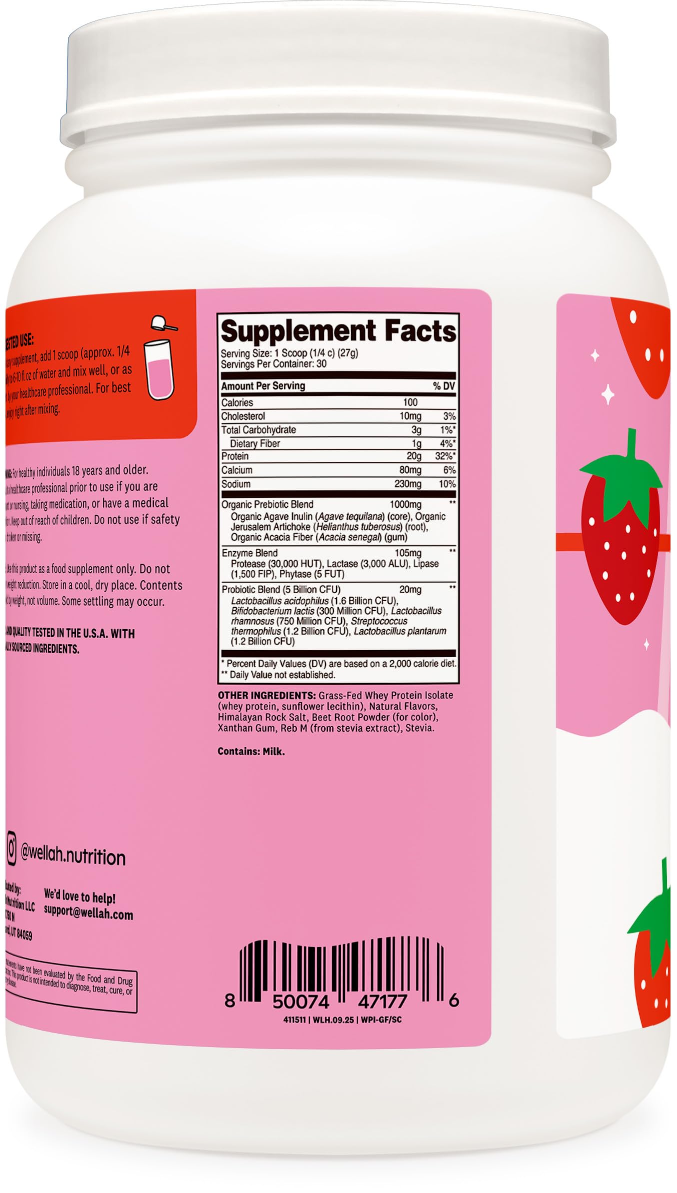 Wellah ingredients label featuring prebiotics and probiotics for gut-friendly nutrition.