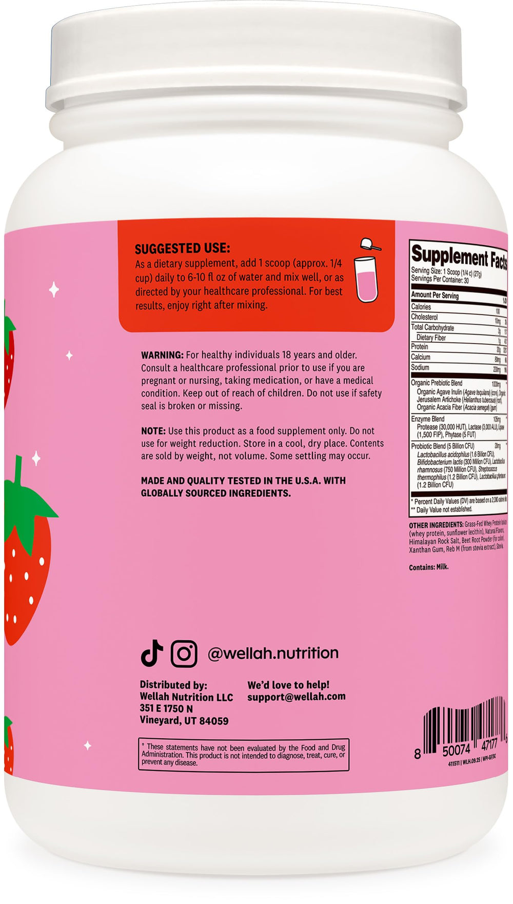 Glass of Wellah whey shake with strawberries and cream, ready for a nutritious boost.