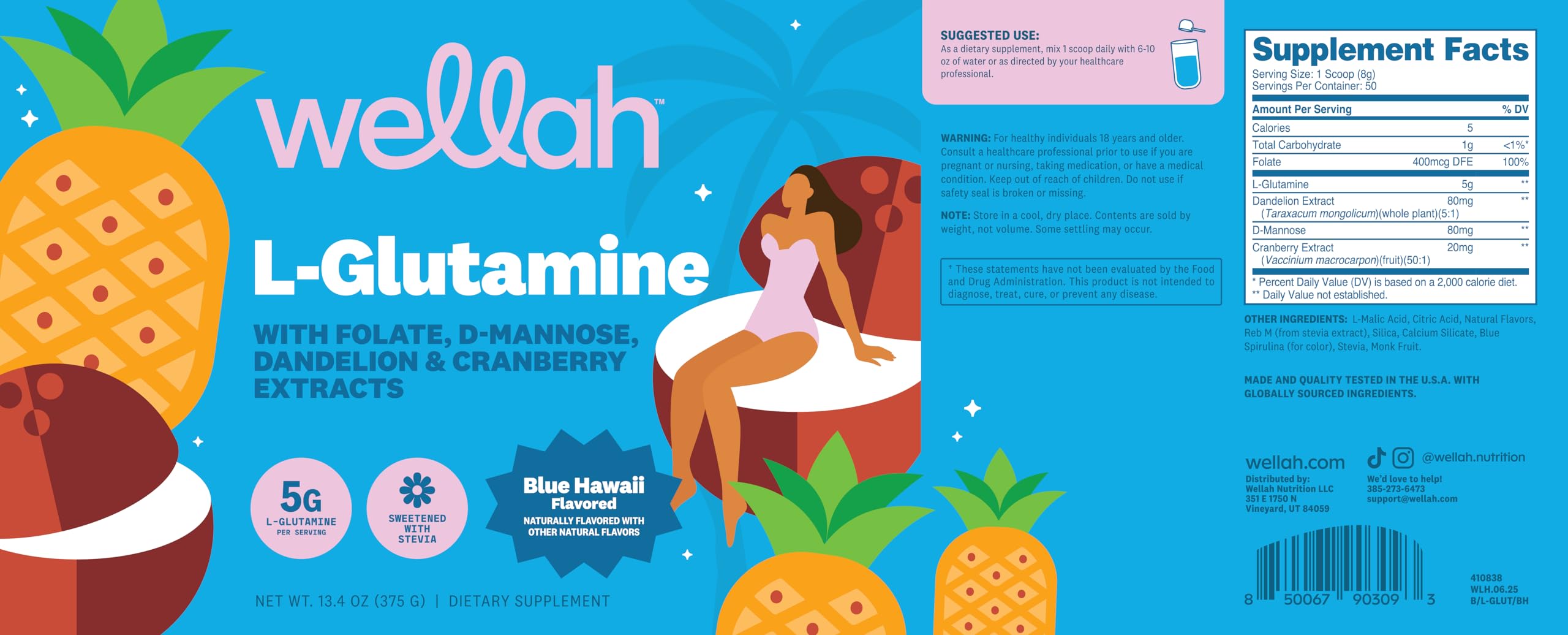 Wellah L-Glutamine Blue Hawaii packaging with GMP and third-party testing details