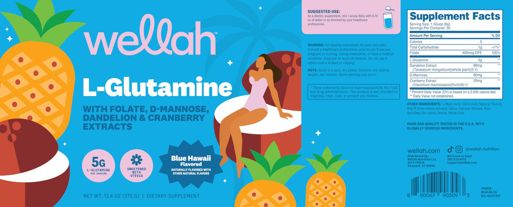 Wellah L-Glutamine Blue Hawaii packaging with GMP and third-party testing details