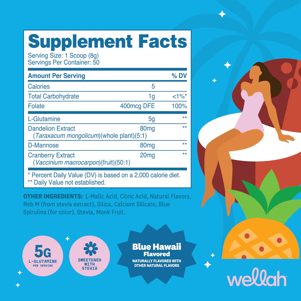Wellah L-Glutamine Blue Hawaii scoop showing precise 5g serving