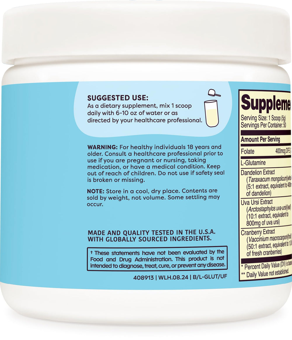 Wellah L-Glutamine bottle label highlights ingredients and servings.
