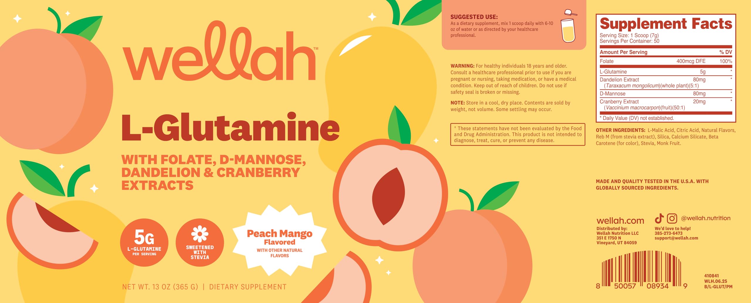 Wellah L-Glutamine Peach Mango front-of-pack image highlighting flavor and serving size.