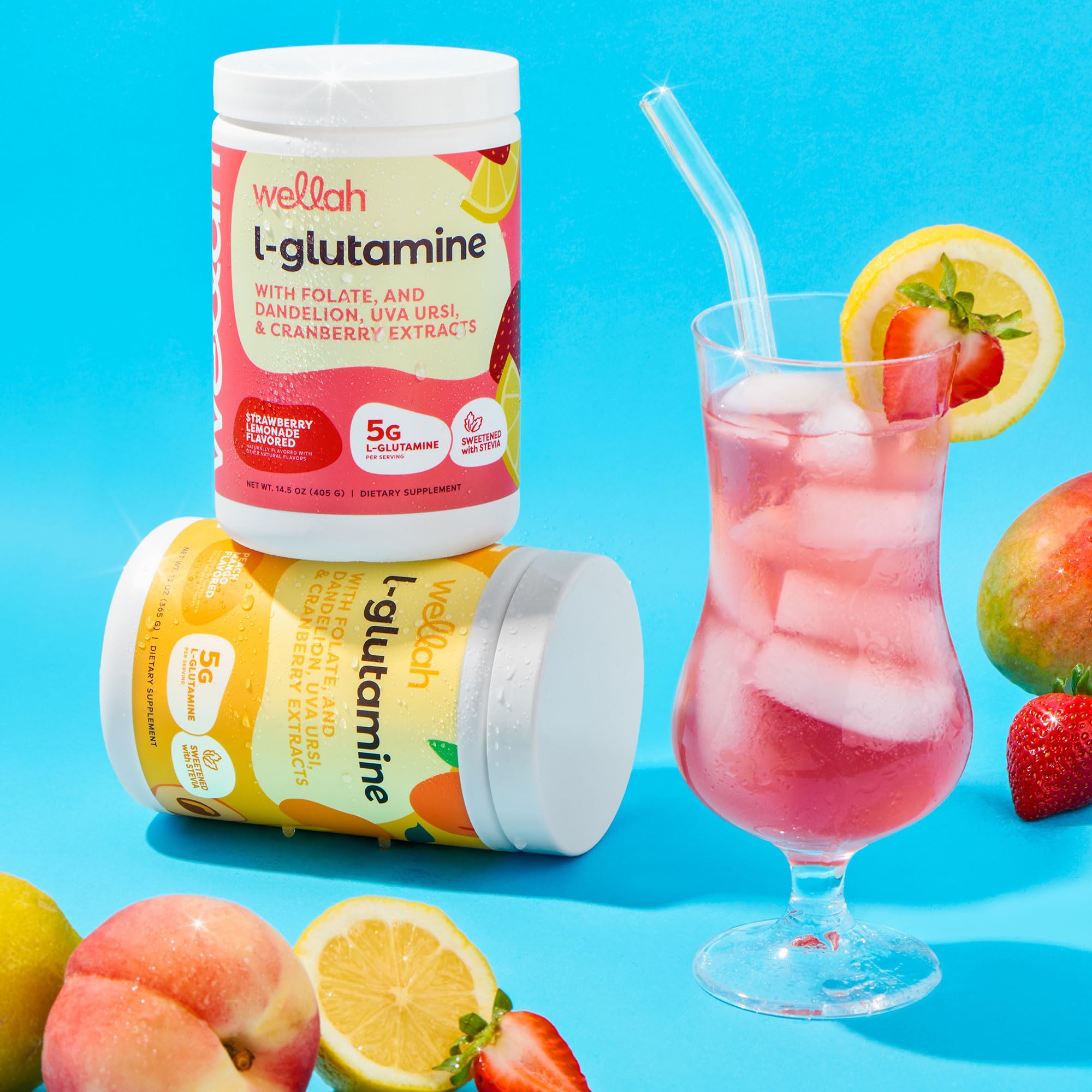 Wellah L-Glutamine Peach Mango packaging showing convenient 50 servings.