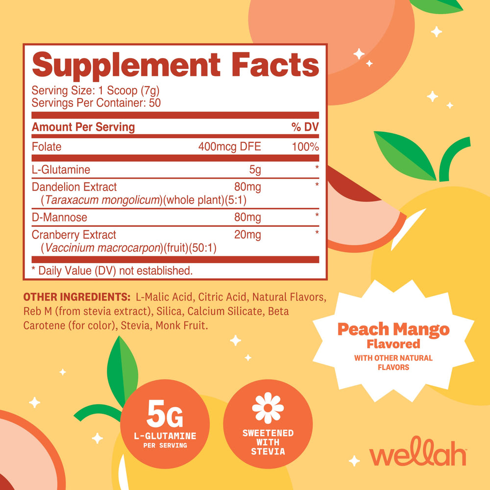 Wellah L-Glutamine Peach Mango scoop shown for easy measuring and mixing.