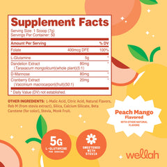Wellah L-Glutamine Peach Mango scoop shown for easy measuring and mixing.