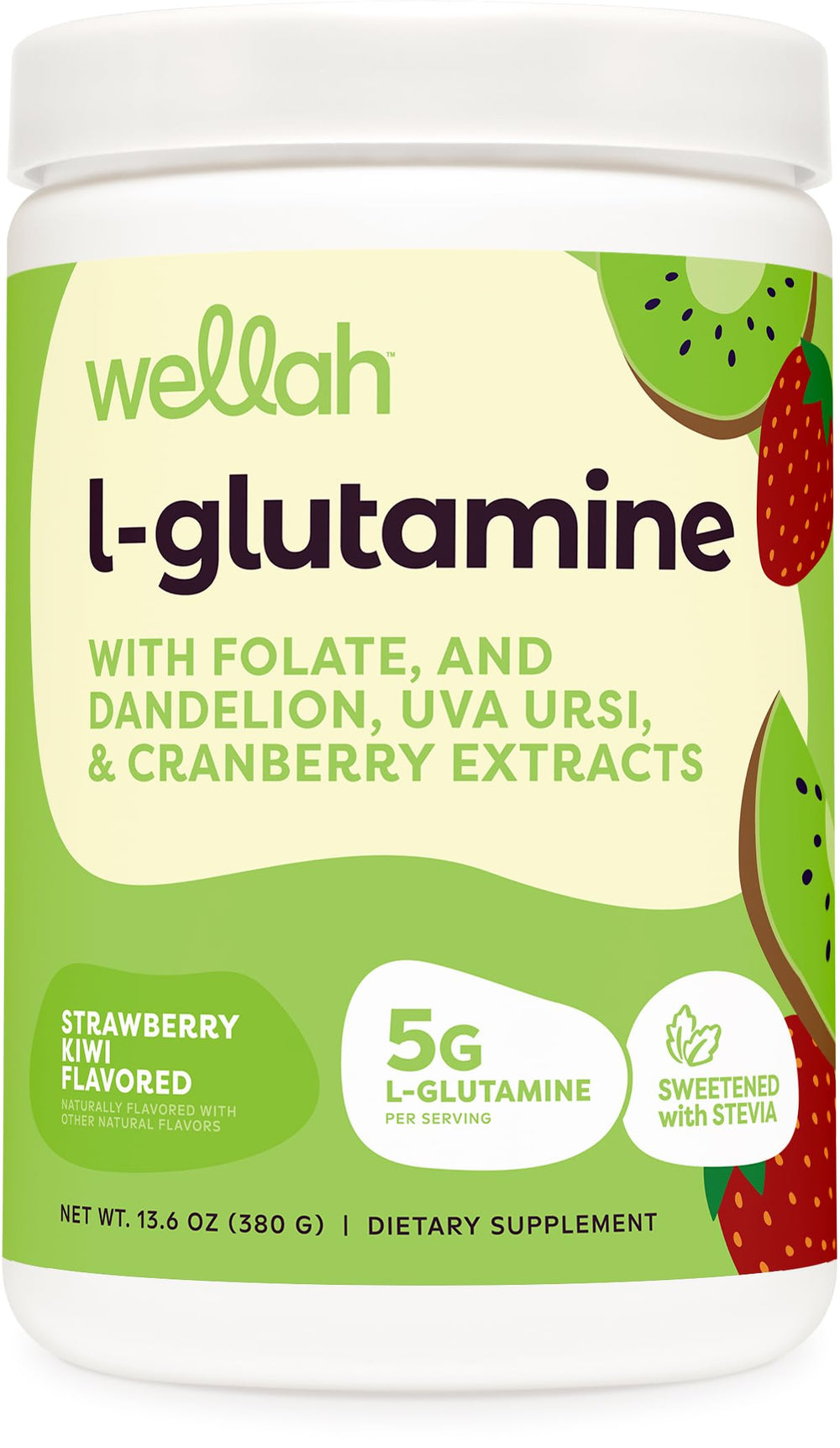 Wellah L-Glutamine Strawberry Kiwi bottle with flavor details and label