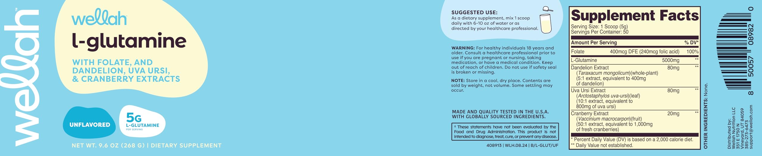 Wellah L-Glutamine stevia-sweetened option supports daily use.