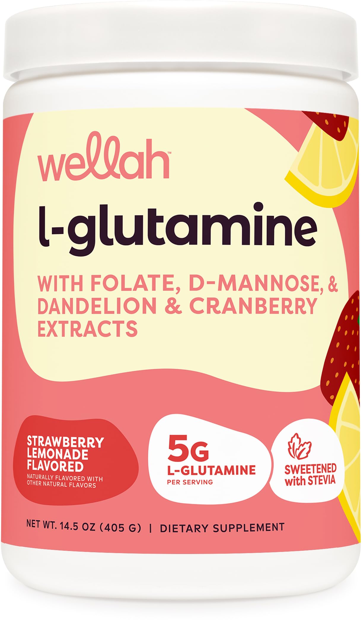 Wellah L-Glutamine Strawberry Lemonade bottle close-up, highlighting flavor for daily supplementation.