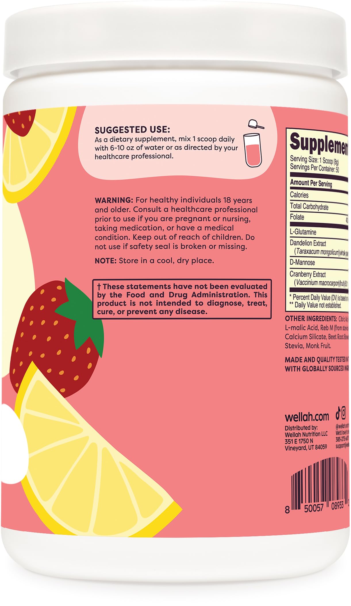 Wellah L-Glutamine container side view, emphasizing 50 servings and clean formulation.