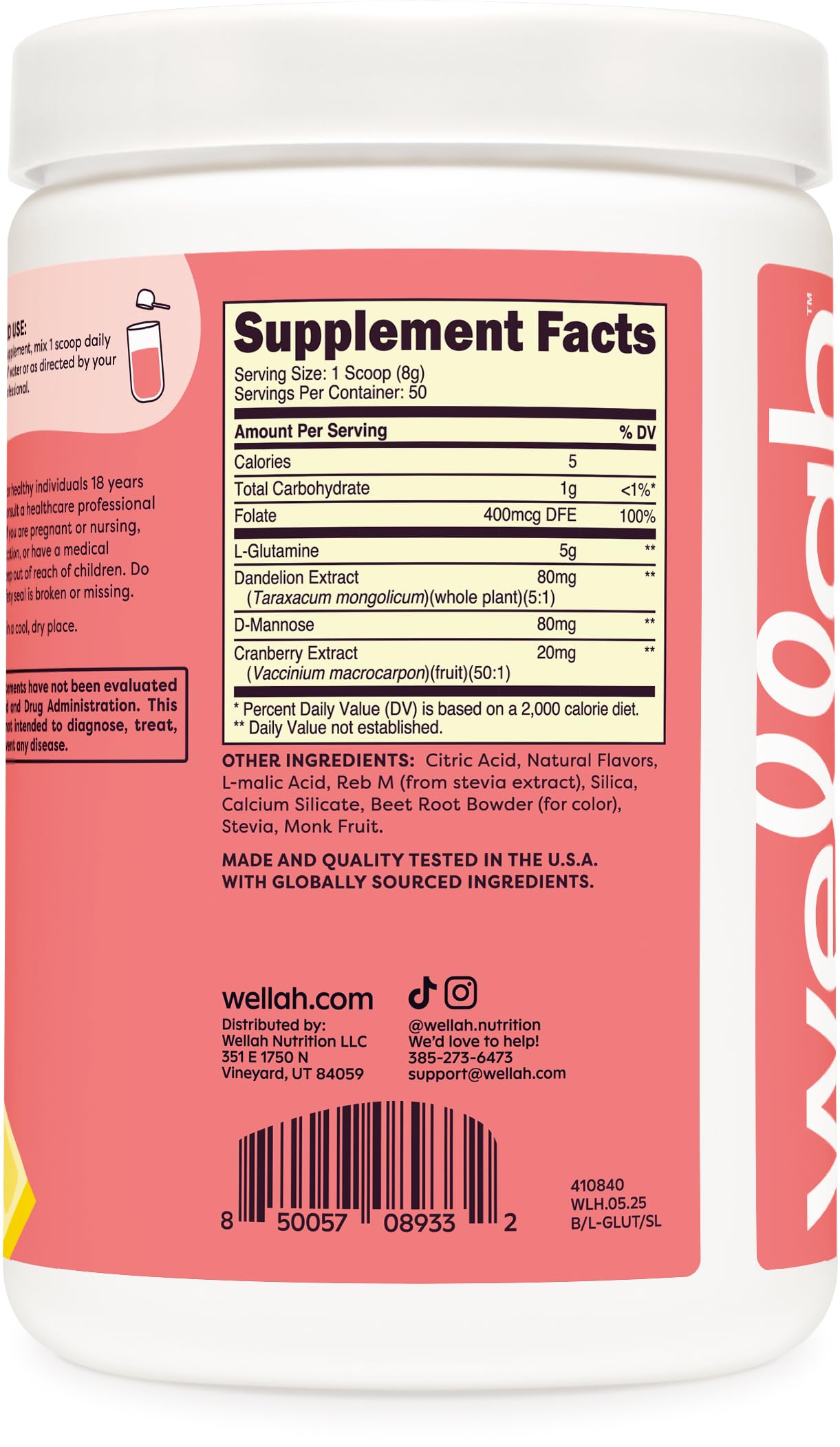 Wellah L-Glutamine bottle label, GMP compliant and third-party tested.