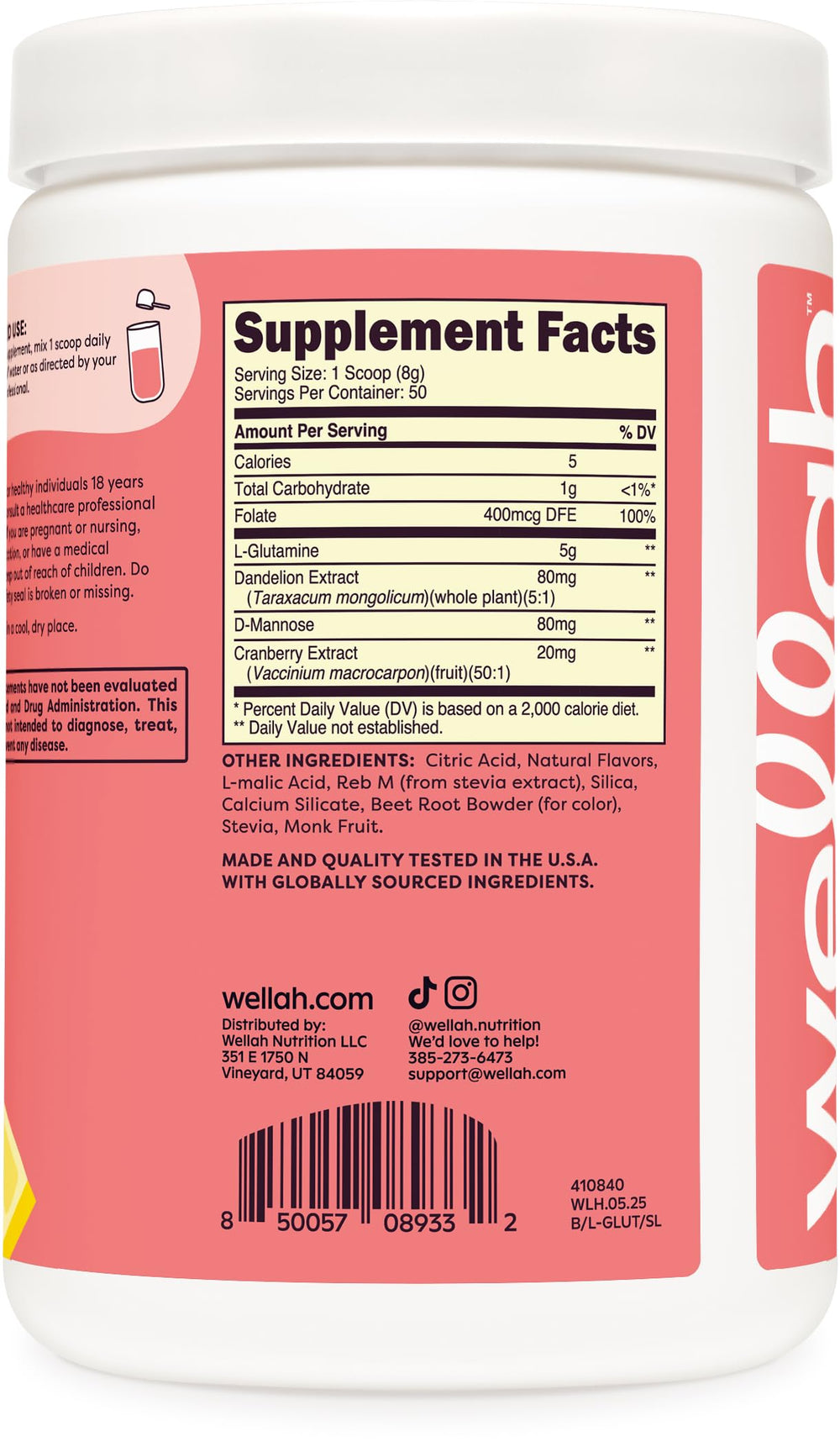 Wellah L-Glutamine bottle label, GMP compliant and third-party tested.