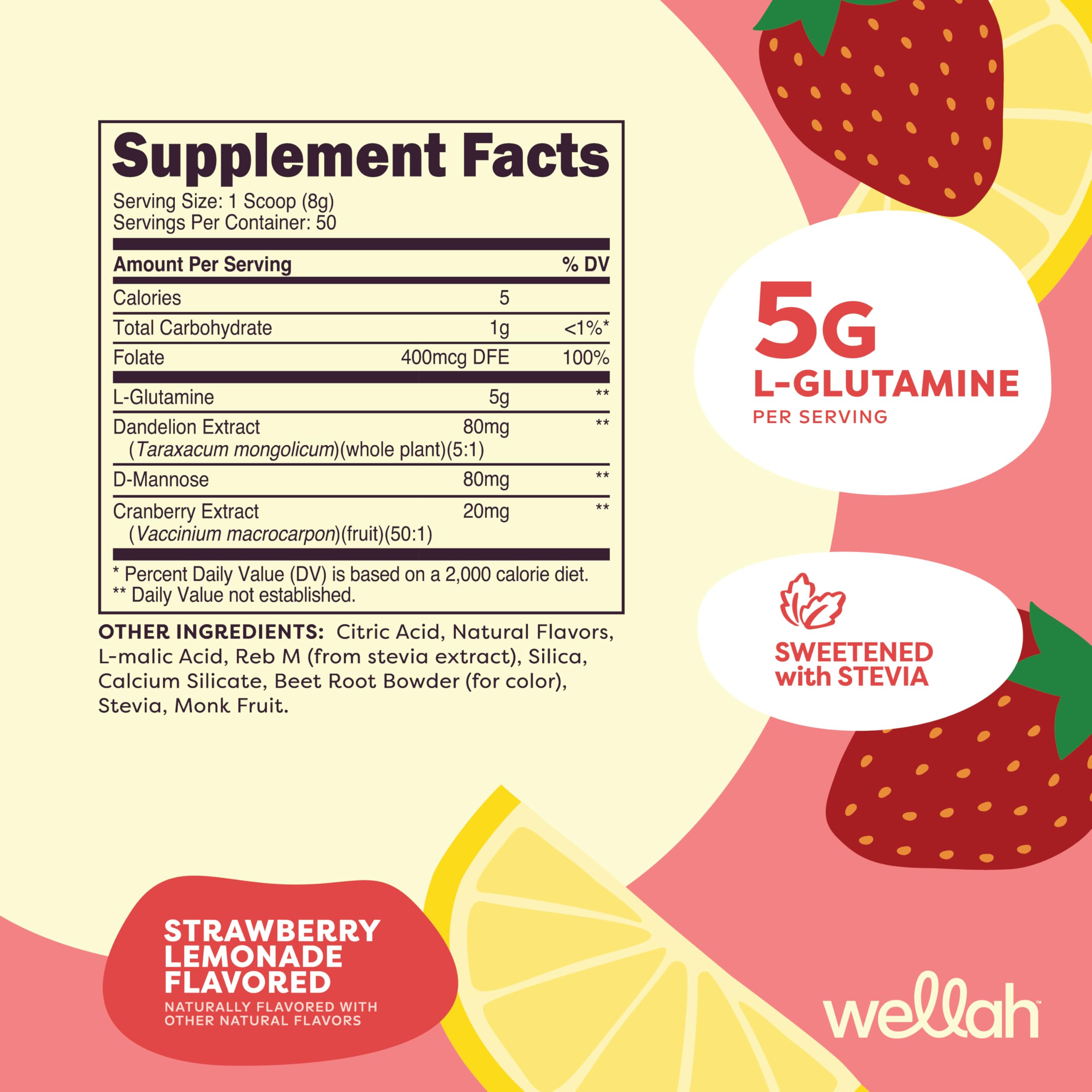 Wellah L-Glutamine Strawberry Lemonade scoop dipping into powder, showing texture for easy mixing.