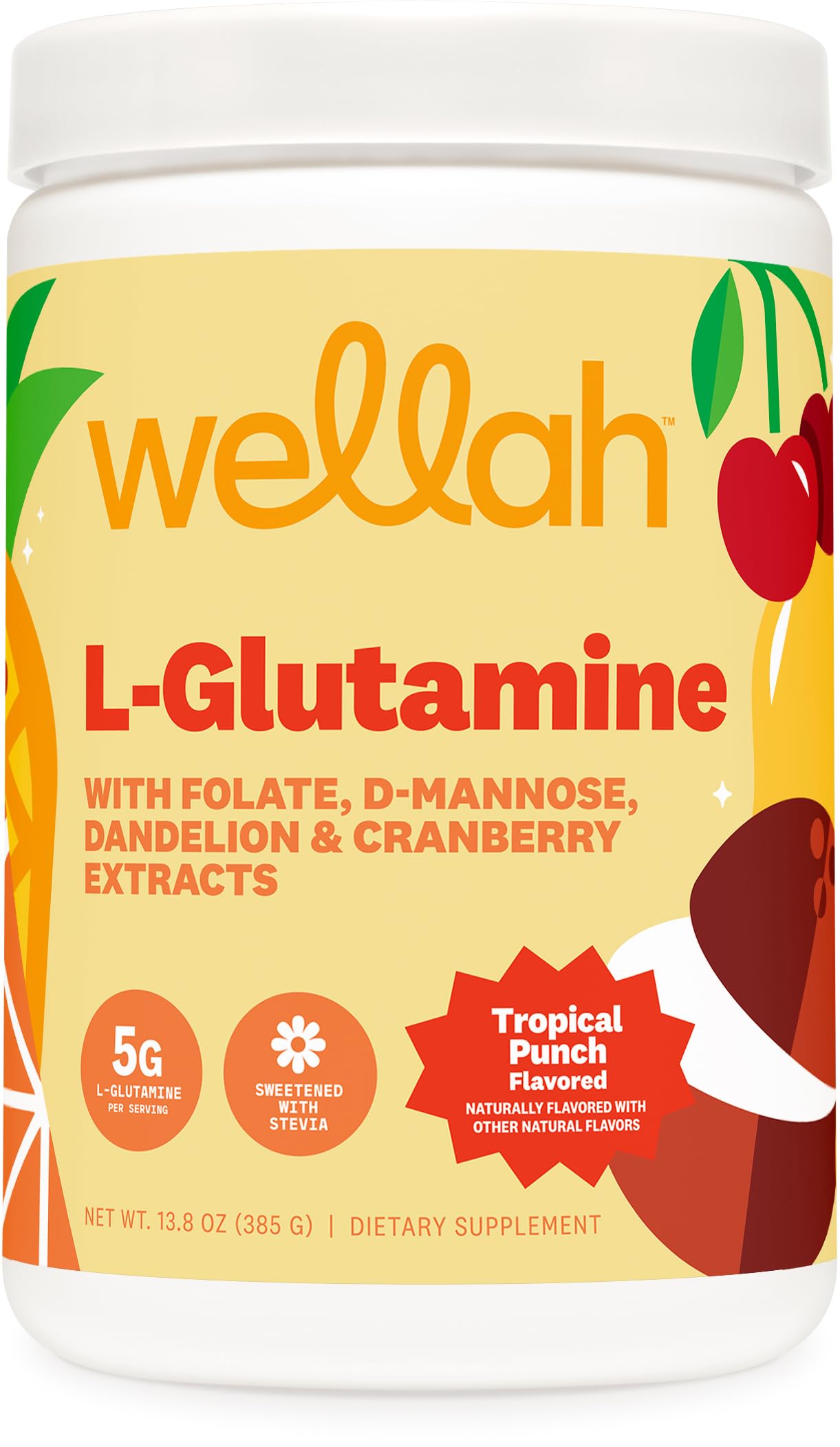 Wellah L-Glutamine Tropical Punch bottle ready to mix for daily wellness.