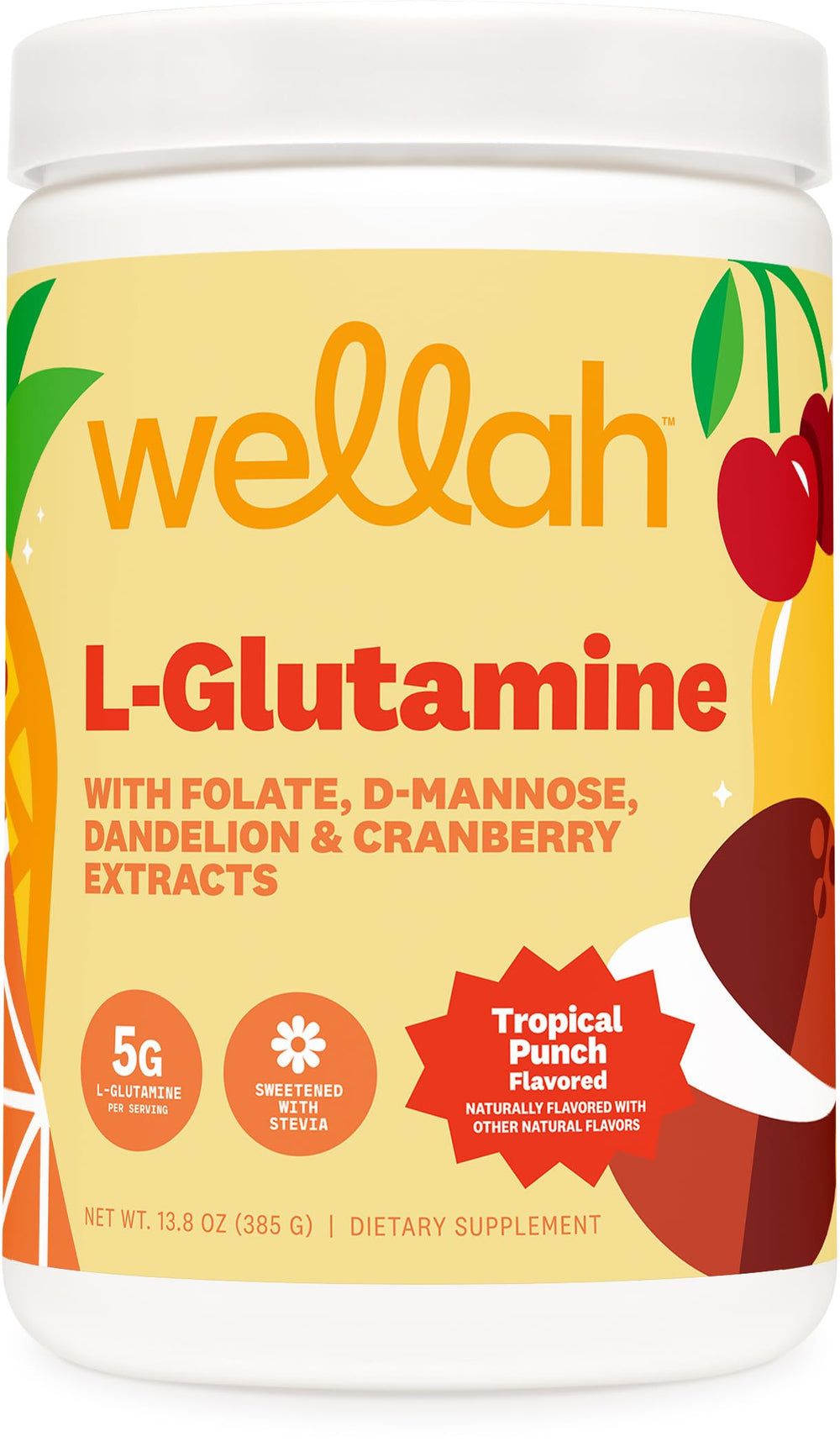 Wellah L-Glutamine Tropical Punch bottle ready to mix for daily wellness.