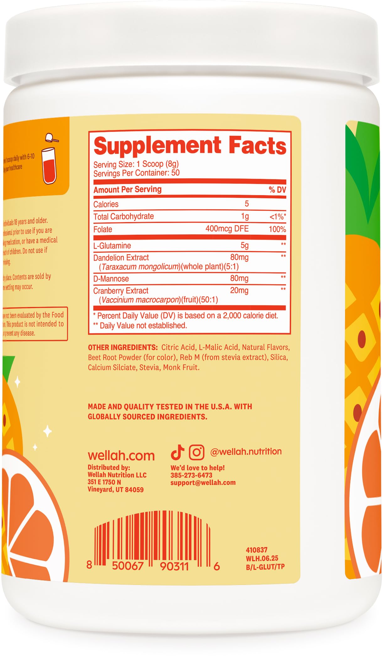 Wellah L-Glutamine Tropical Punch ready-to-mix powder in a glass with shaker.