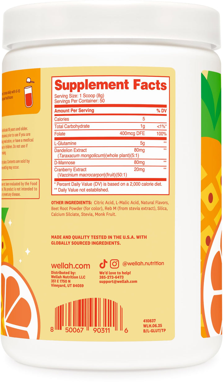 Wellah L-Glutamine Tropical Punch ready-to-mix powder in a glass with shaker.