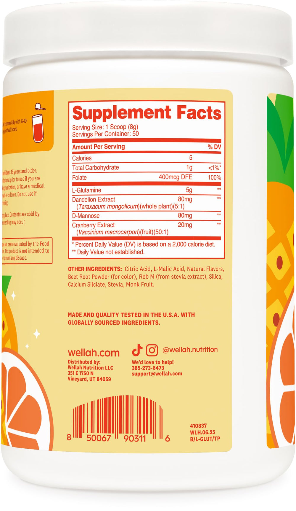 Wellah L-Glutamine Tropical Punch ready-to-mix powder in a glass with shaker.