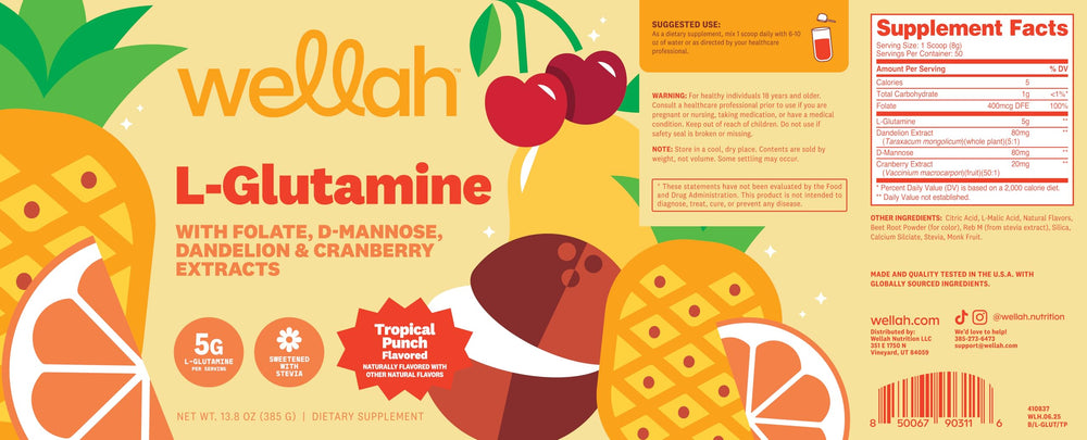 Wellah L-Glutamine Tropical Punch packaging on shelf for everyday supplements.