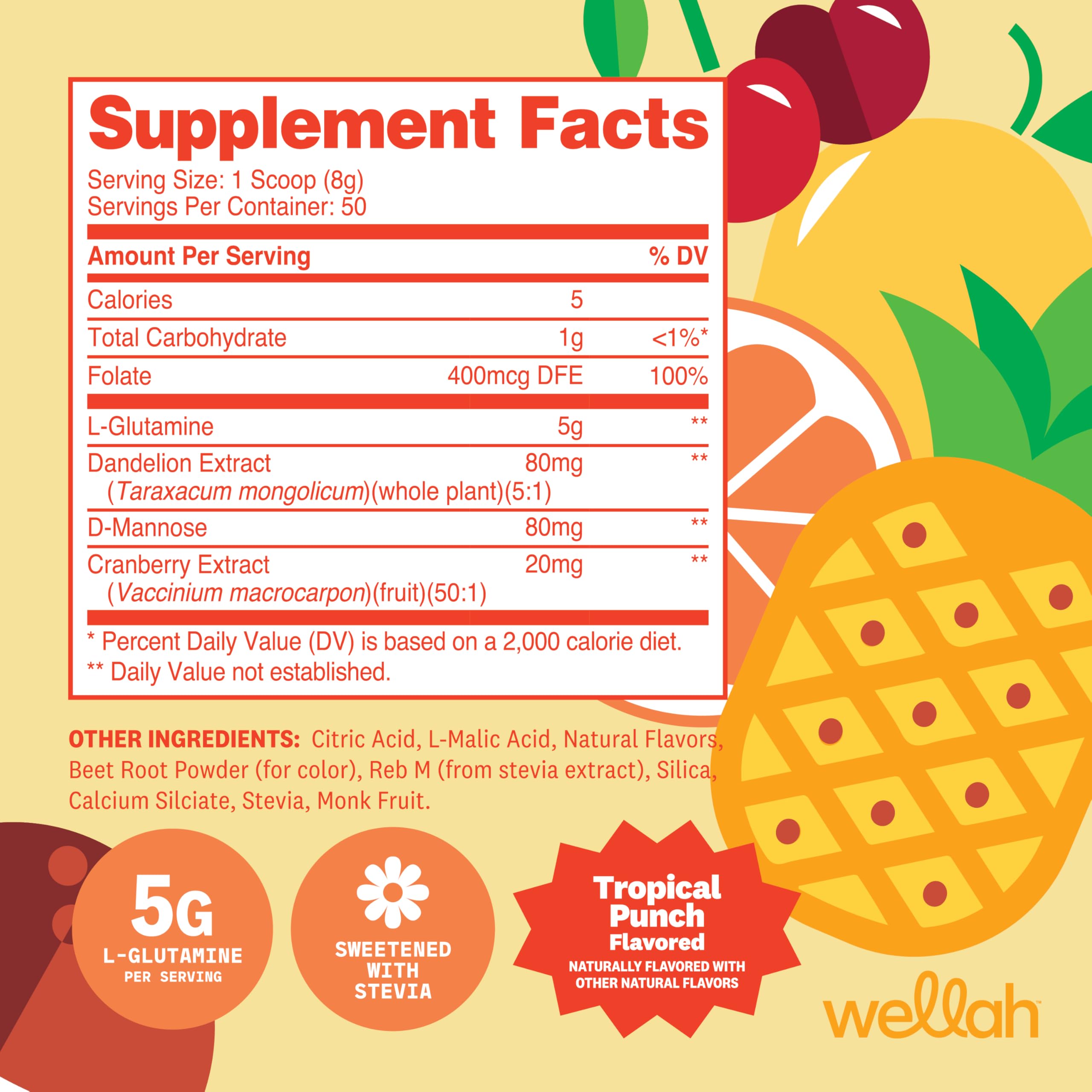 Wellah L-Glutamine Tropical Punch scoop measures 5 g per serving for consistent intake.