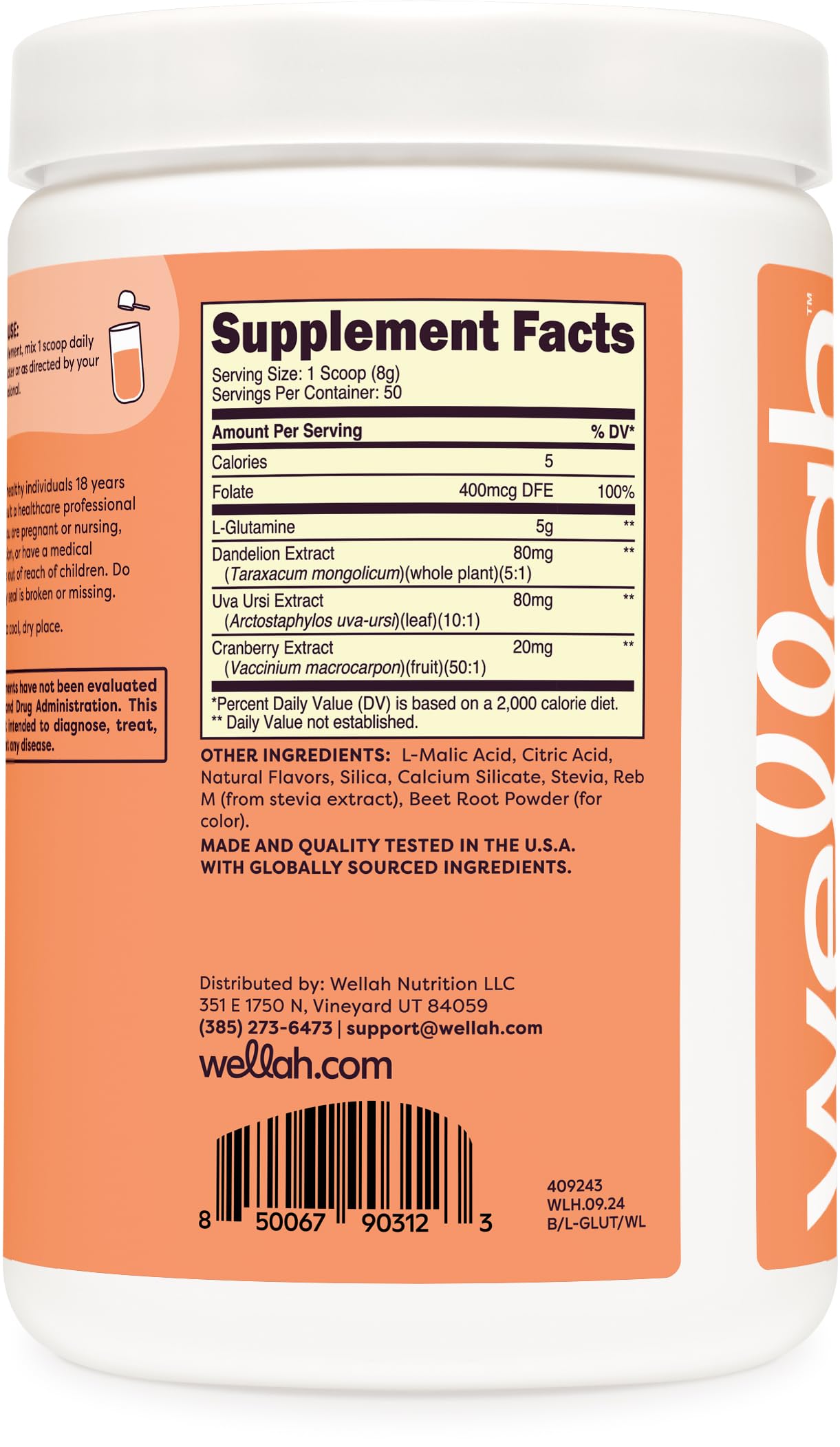 Wellah L-Glutamine bottle highlighting folate, dandelion, uva ursi, and cranberry extracts.