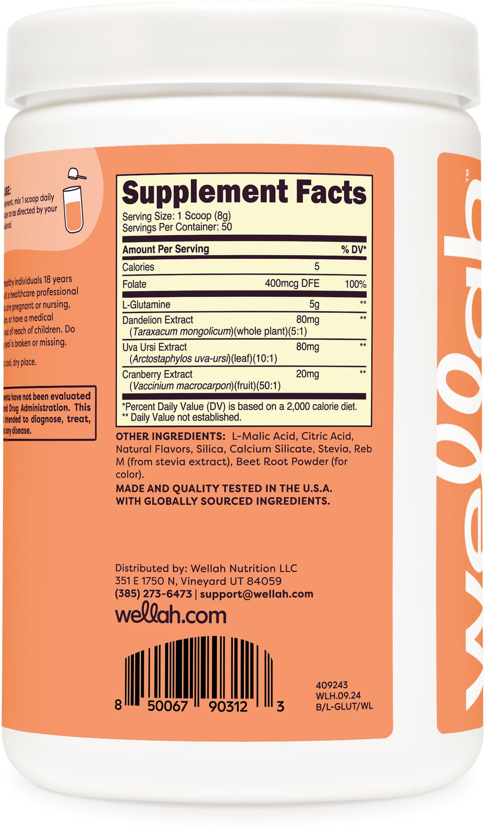 Wellah L-Glutamine bottle highlighting folate, dandelion, uva ursi, and cranberry extracts.