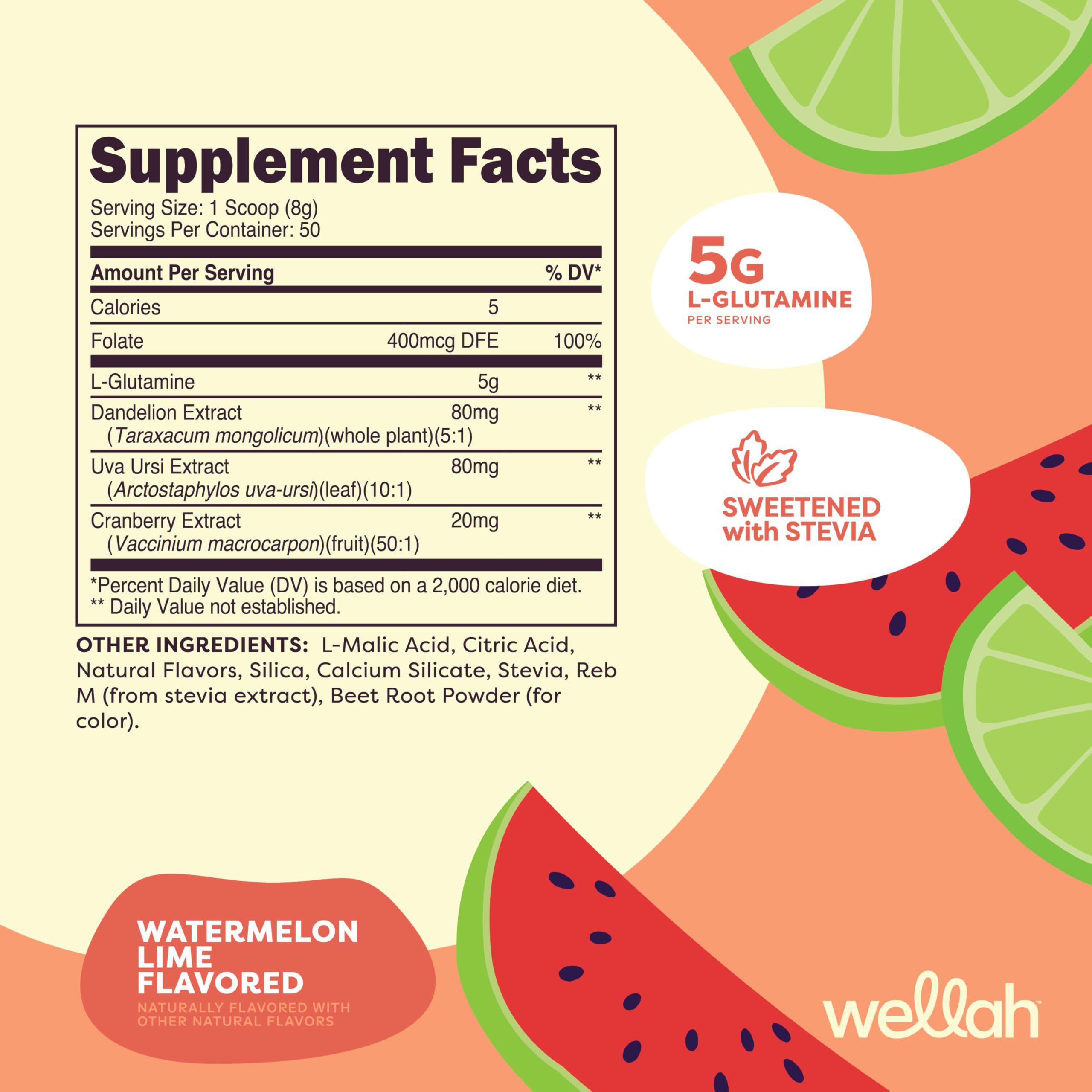 Wellah L-Glutamine powder scoop showing a 5 g serving, Watermelon Lime flavor.