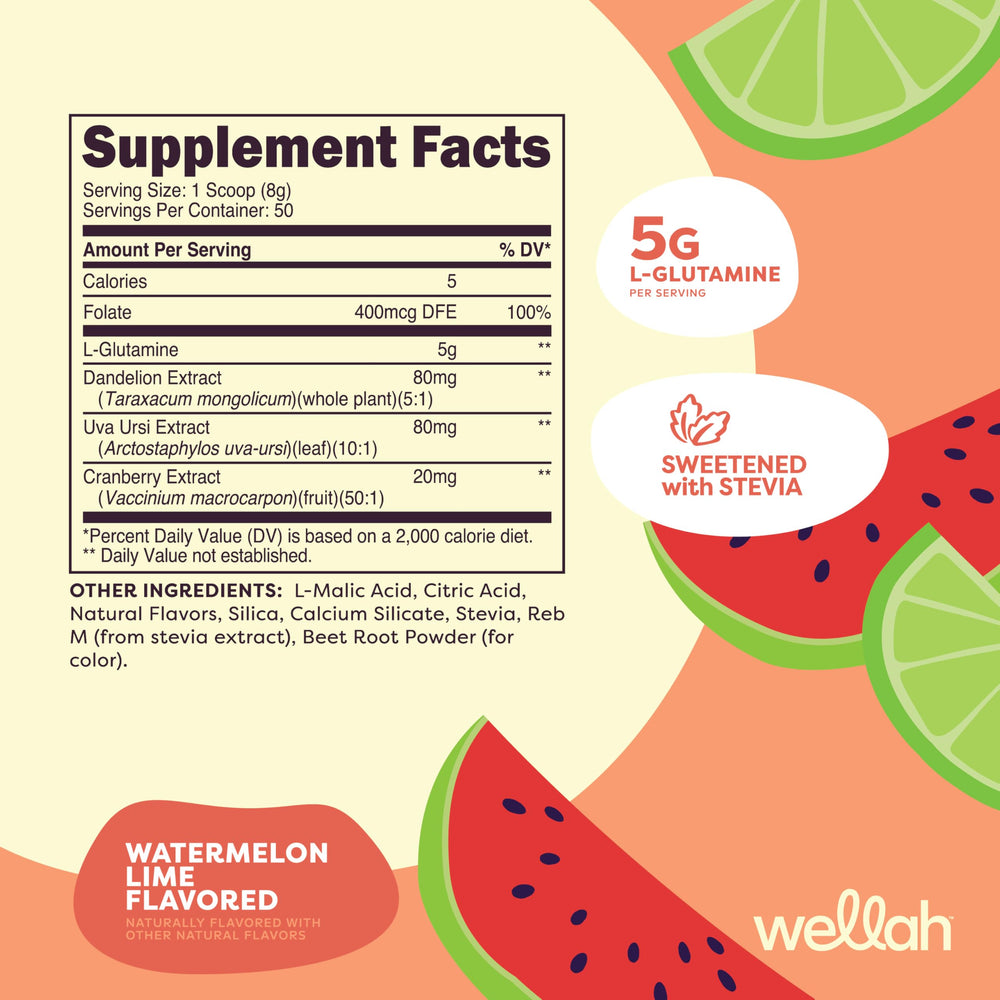 Wellah L-Glutamine powder scoop showing a 5 g serving, Watermelon Lime flavor.