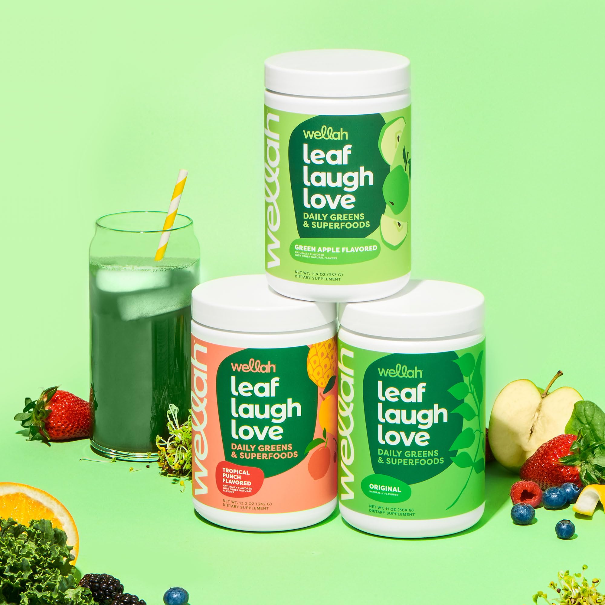 Wellah Leaf Laugh Love pour showing powder blending into a vibrant drink.