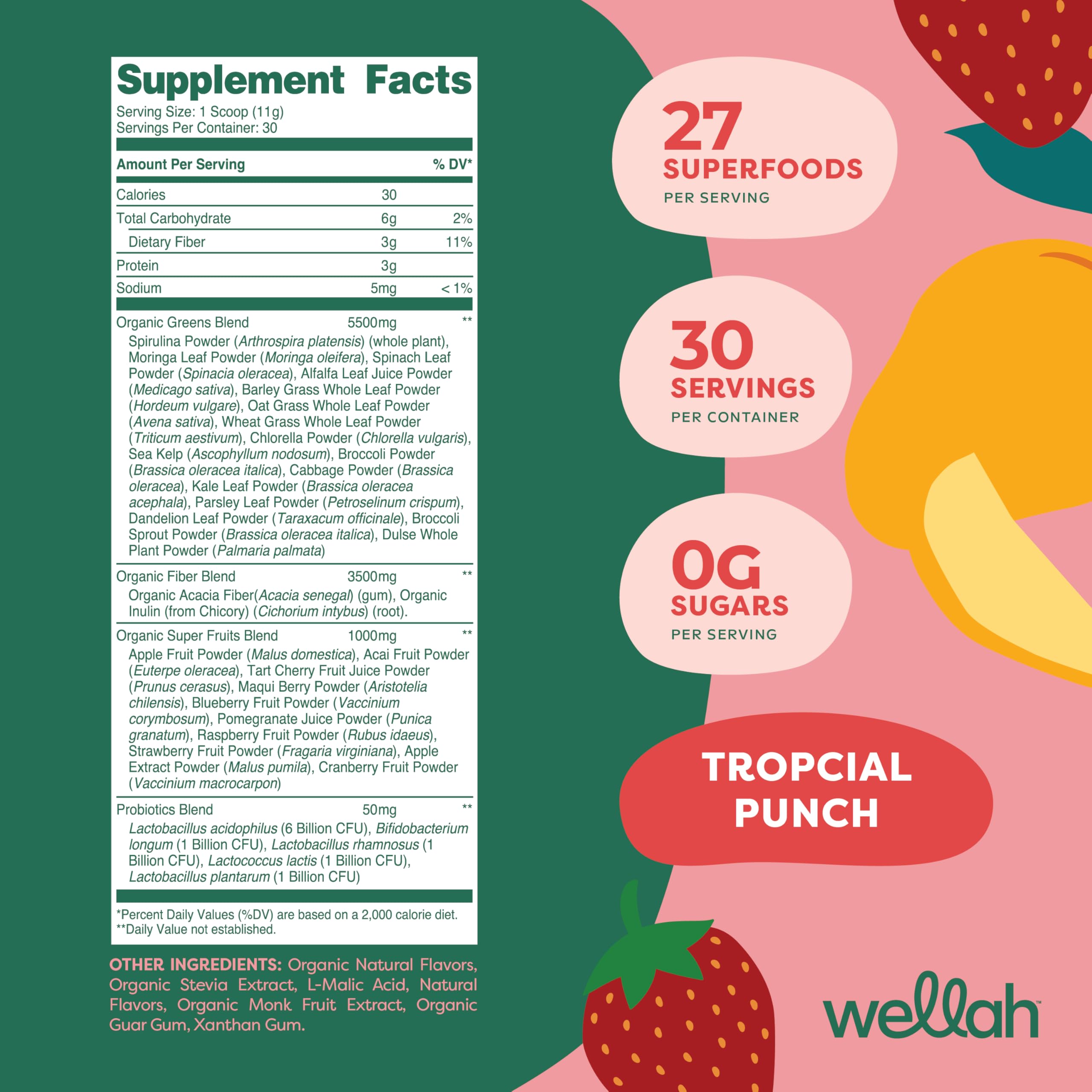 Wellah Leaf Laugh Love Super Greens ingredients blend with spirulina and kelp.